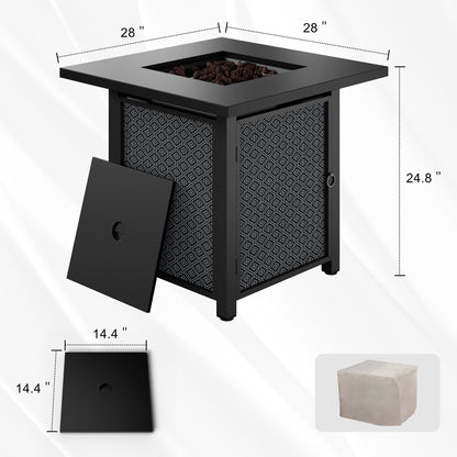 Walsunny 28" Propane Fire Pit Table Outdoor Gas Fire Pit with Lava Rocks 50,000 BTU Square Fire Table with Lid,Waterproof Cover