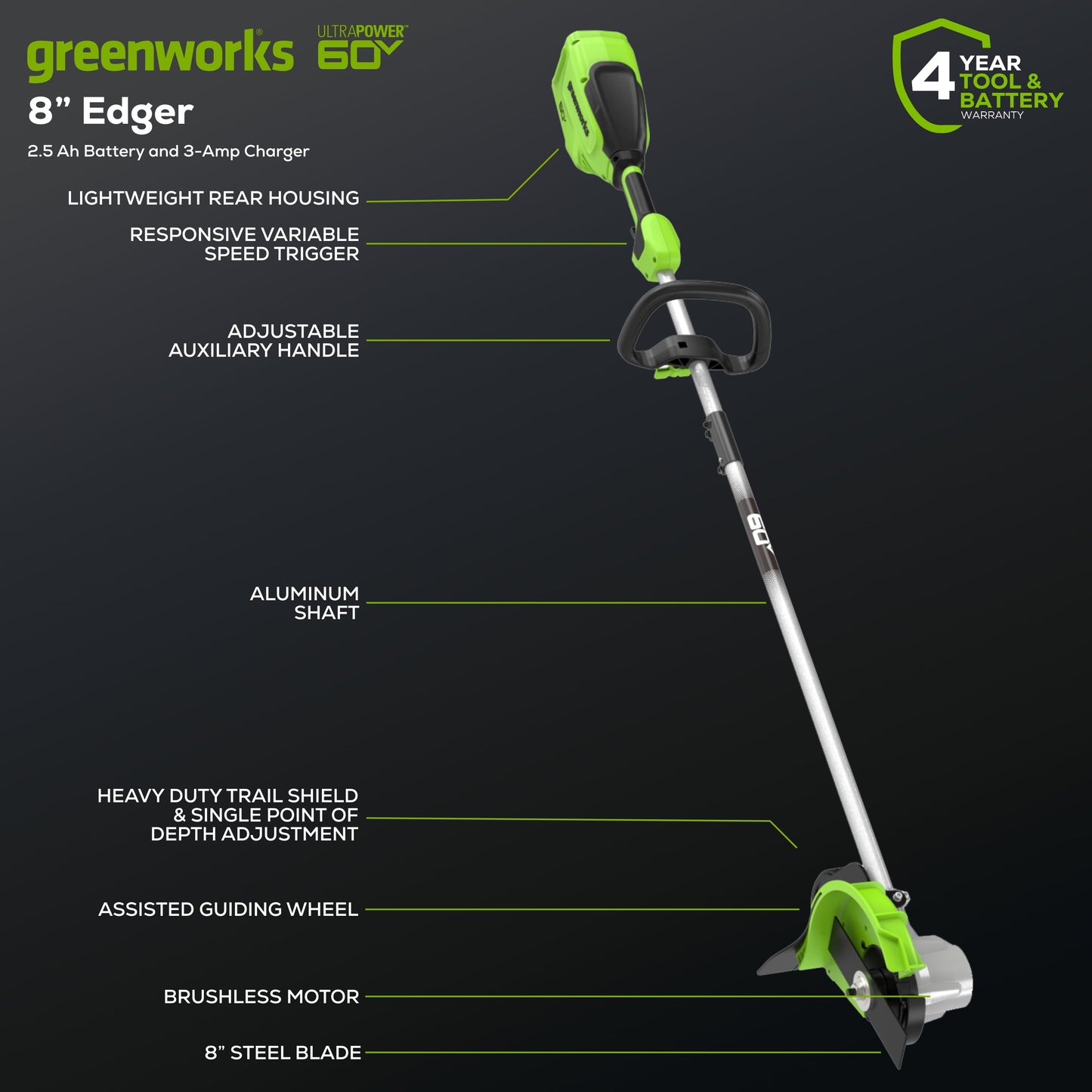 Greenworks 60V 8" Edger with (1) 2.5Ah Battery & Charger 2703302