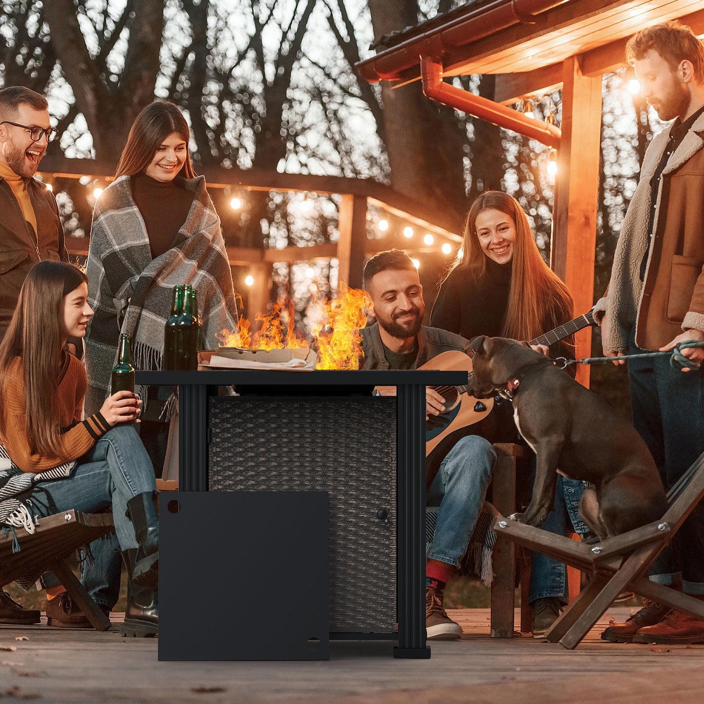 DOMQGA 28" Propane Fire Pit Table, 2-in-1 Square 50,000 BTU Propane Gas Fire Pit Table with Lid and Lava Rock,for Outside Patio Yard Party Garden and Lawn