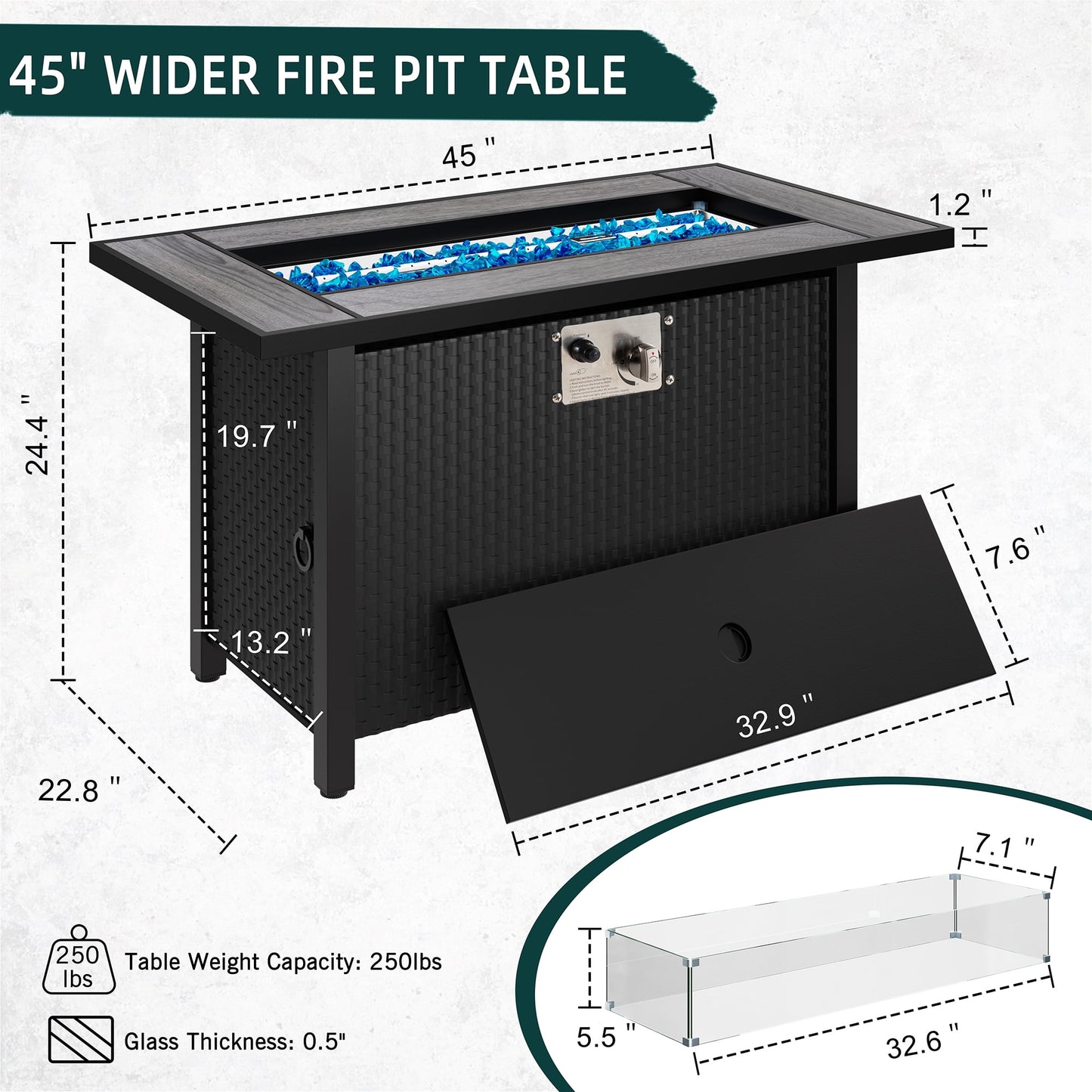 Walsunny 45" Propane Fire Pit Table 50,000 BTU Steel Gas Fire Pit with Removable Lid & Waterproof Cover and Tables