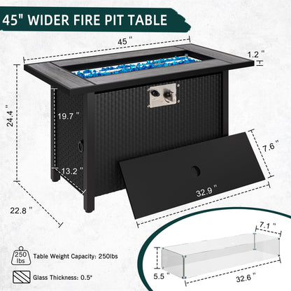 Walsunny 45" Propane Fire Pit Table 50,000 BTU Steel Gas Fire Pit with Removable Lid & Waterproof Cover and Tables