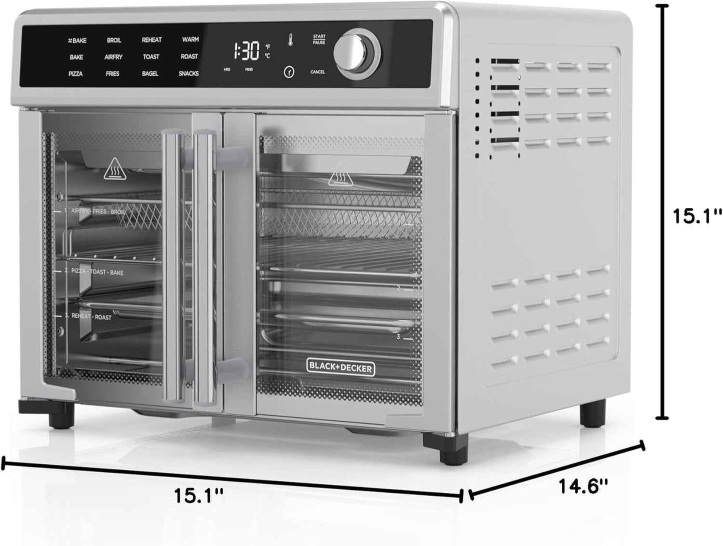BLACK+DECKER Crisp 'N Bake Air Fryer Toaster Oven Combo, 12 in 1 Countertop Convection Oven Cooks Food Fast, Fits a Whole Pizza or 6 Toast Slices, French Doors with Stainless Steel Finish