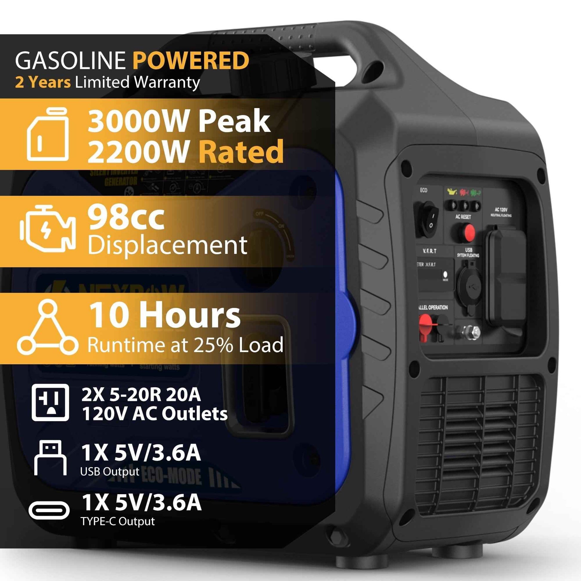 NEXPOW 3000W Portable Inverter Generator, Gasoline Power Lightweight for Backup Home & Camping, Eco-Mode Feature, Parallel Capability, Overload Protection