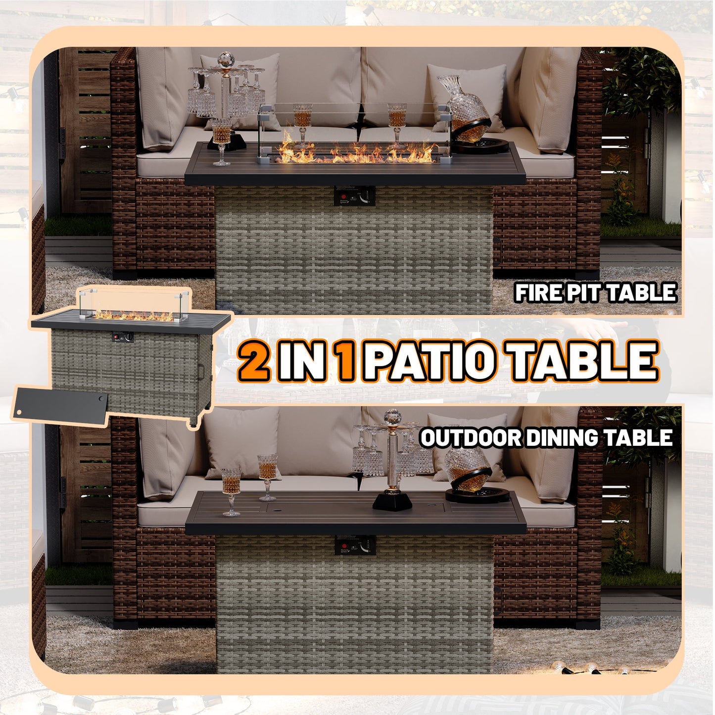 44 Inch Outdoor Wicker Fire Pit Table, 50000 BTU Propane Fire Pits with Glass Wind Guard and Lid, Patio Gas Fire Pit for Outside Patio and Garden(Grey)