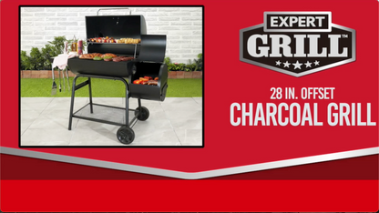 Expert Grill 28" Charcoal Offset Smoker Grill with Side Firebox, Black, New