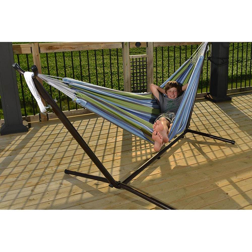 Vivere Double Cotton Combo Outdoor Backyard Patio Hammock with Stand, Cayo Reef