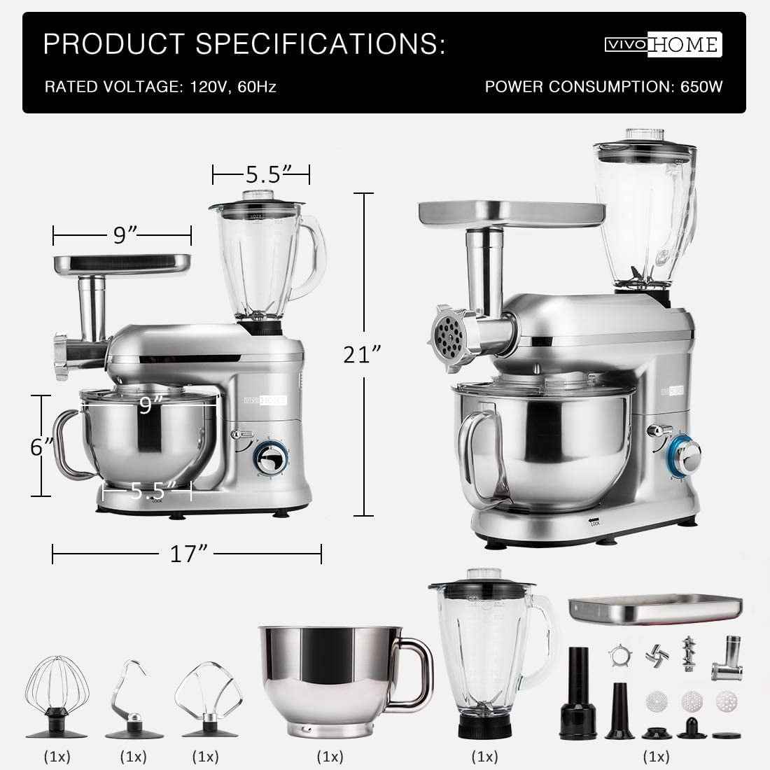 SPECSTAR 3 in 1 Stand Mixer with 6 Quart Stainless Steel Bowl, 650W 6-Speed Tilt-Head Meat Grinder, Silver