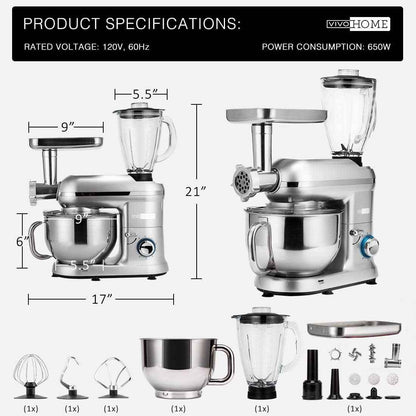 SPECSTAR 3 in 1 Stand Mixer with 6 Quart Stainless Steel Bowl, 650W 6-Speed Tilt-Head Meat Grinder, Silver