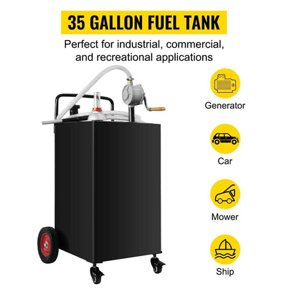 VEVOR Fuel Caddy Fuel Storage Tank 35 Gallon 4 Wheels with Manuel Pump, Black