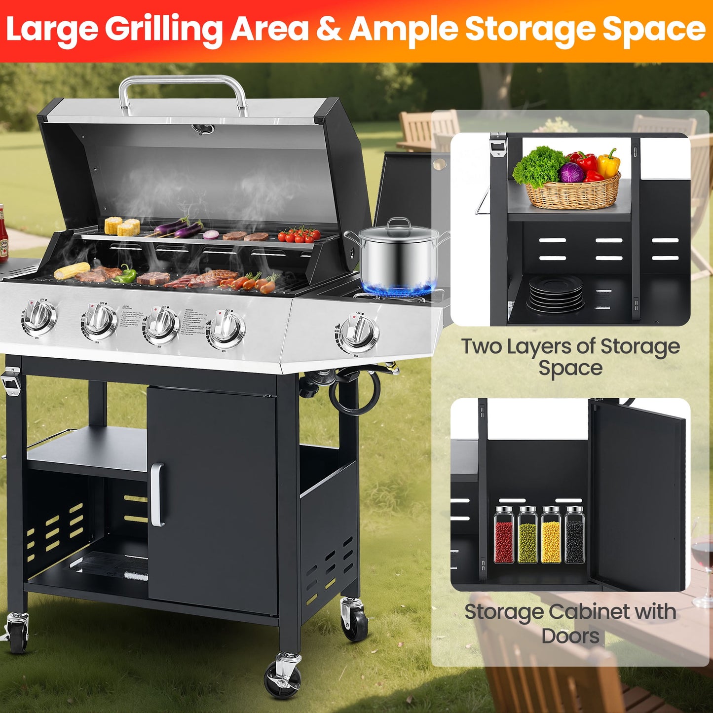 Segmart 4 Burner BBQ Propane Gas Grill with Side Burner, Stainless Steel 50,000 BTU Patio Barbecue Grill with Shelf, Gas Tank Hook, Towel Rack & Bottle Opener, Fits for Camping, Outdoor Cooking