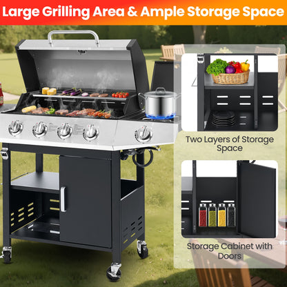 Segmart 4 Burner BBQ Propane Gas Grill with Side Burner, Stainless Steel 50,000 BTU Patio Barbecue Grill with Shelf, Gas Tank Hook, Towel Rack & Bottle Opener, Fits for Camping, Outdoor Cooking