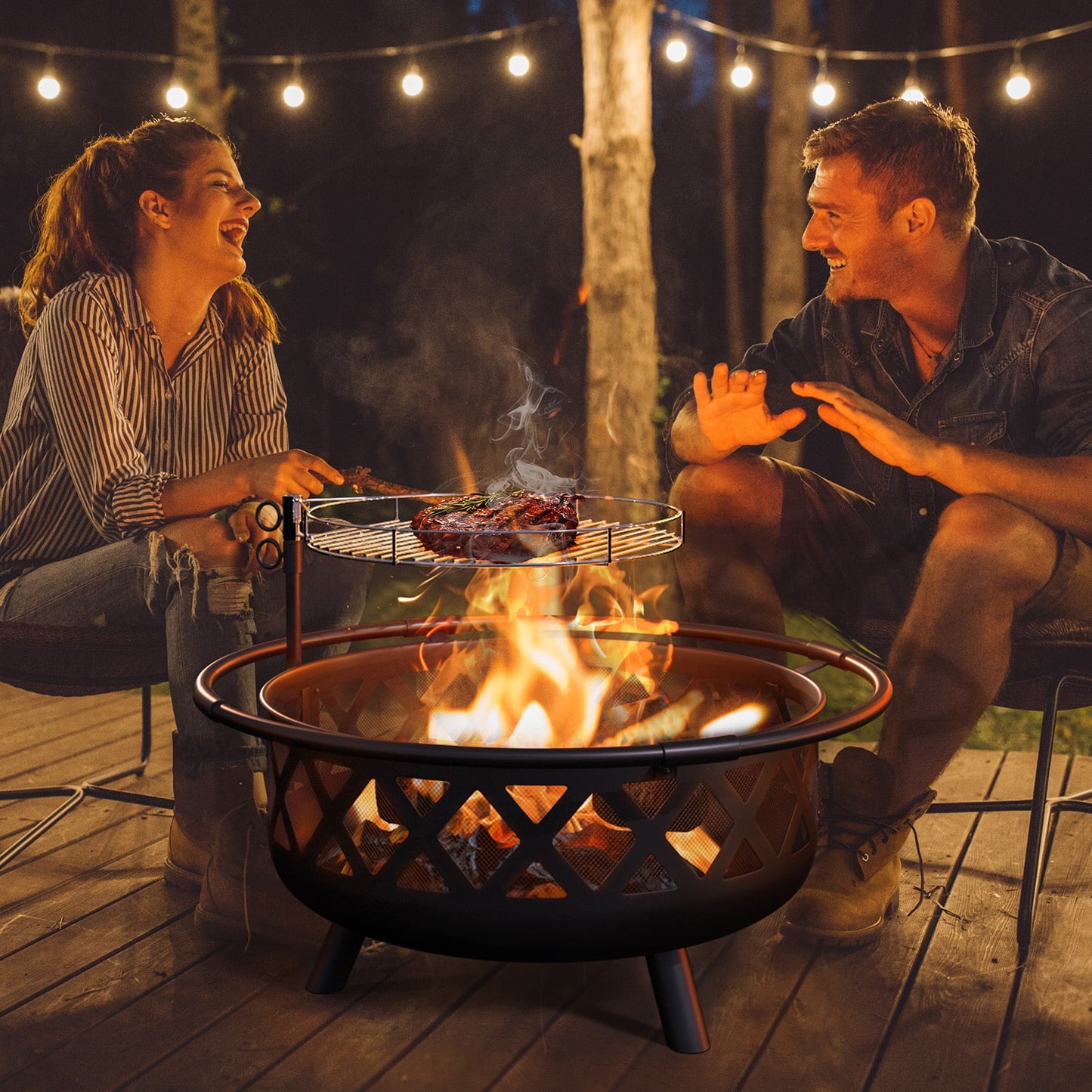 JolyDale 30 inch Outdoor Fire Pit with Cooking 2 in 1 Grate Wood Burning Firepit Steel Firepit Bowl with Swivel BBQ Grill, Poker for Backyard, Garden