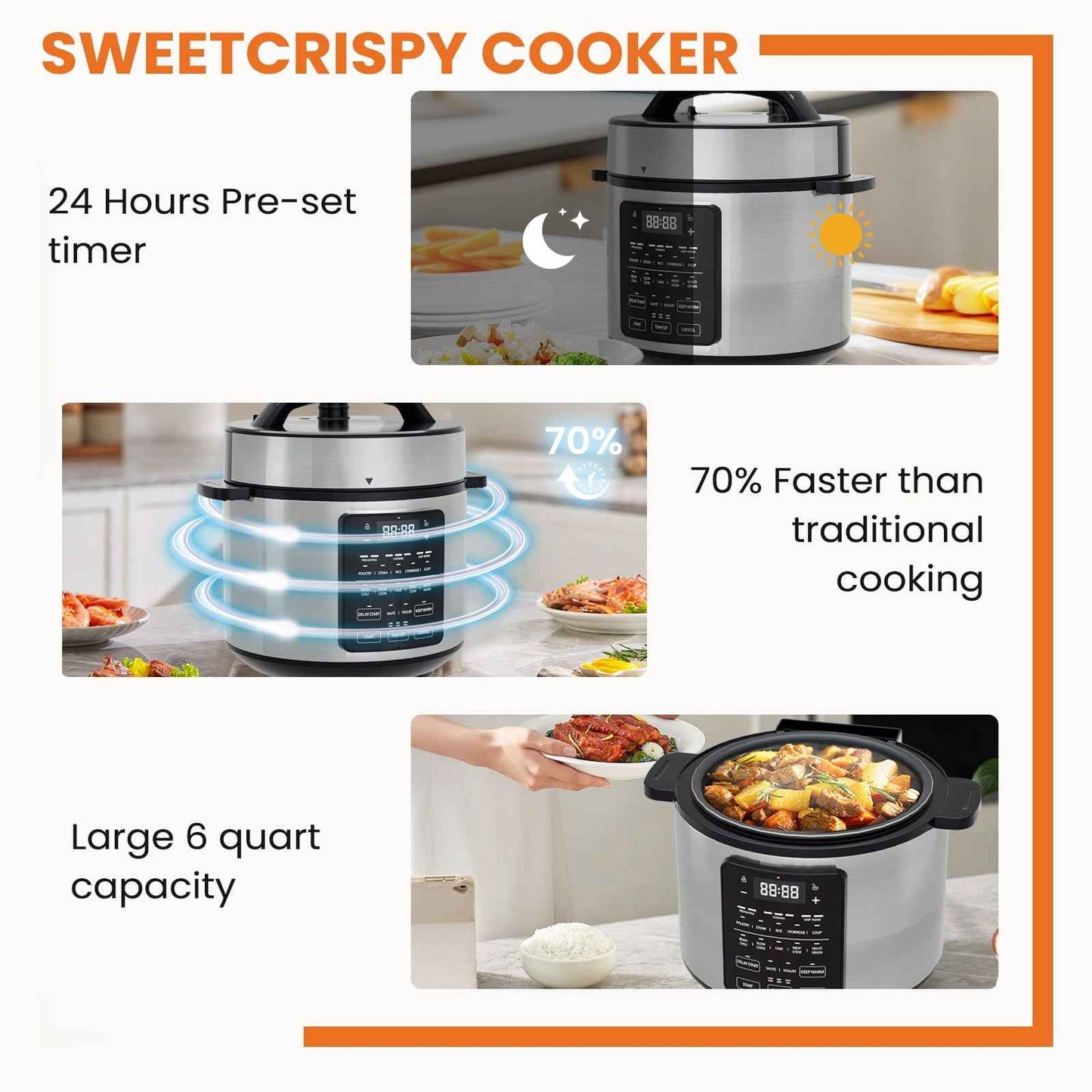 JONPONY 12-in-1 Electric Pressure Cooker 6 Quart Stainless Steel Multi Cooker for Rice, Steamer, Yogurt Maker, Slow Cook, Saute, Meat Stew, Cake, Multigrain, Black