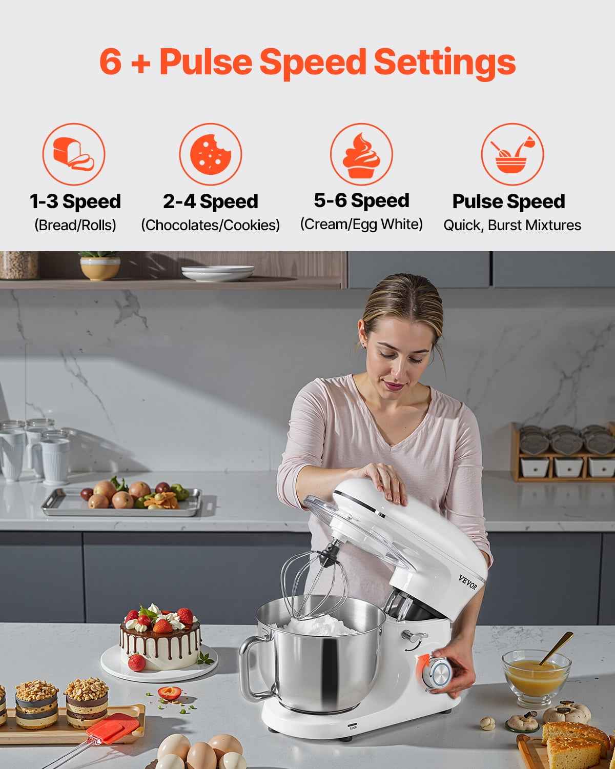 VEVOR Stand Mixer, 6 QT Dough Mixer, 660W 6 + P Speeds Tilt-head Food Mixer with Stainless Steel Bowl, Dough Hook, Wire Whip, Flat Beater, Scraper, Household Stand Mixer for Baking & Mixing, White