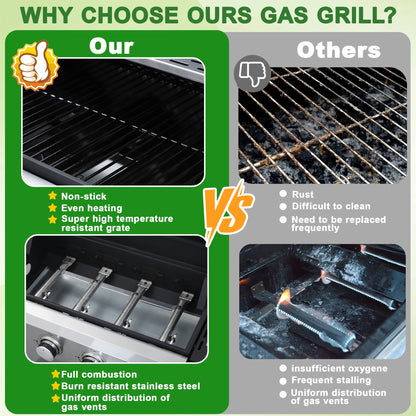 Seizeen 4 Burner Propane Gas Grill, Powerful 34,200BTU Outdoor BBQ Grill on Wheels, Stainless Steel Grill with Thermometer Foldable Table Storage Box, for RV Party Camping Patio