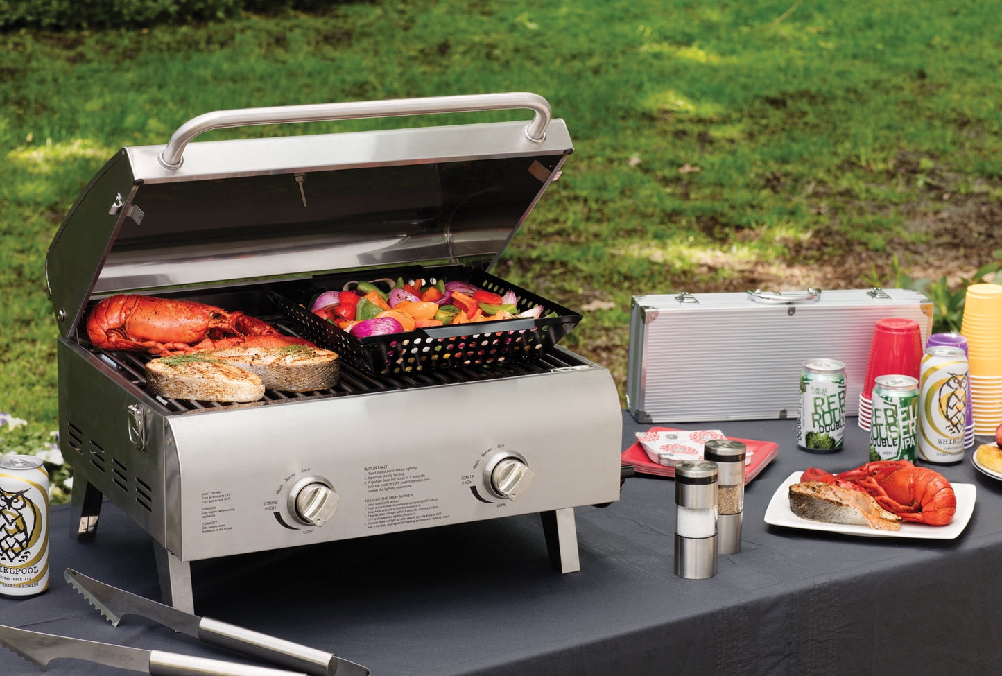 Cuisinart Chef's Style Tabletop Portable Propane Gas Grill, 20,000 BTU Stainless Steel 2-Burner Outdoor BBQ Grill