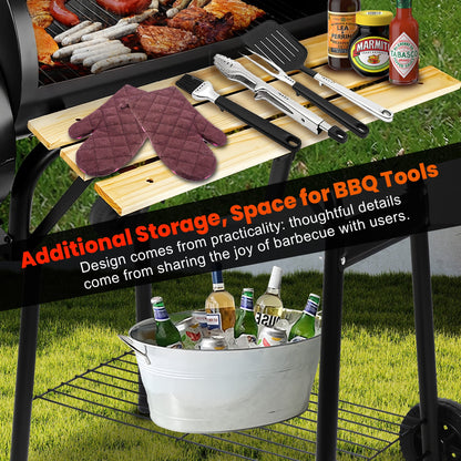 Seizeen Charcoal Grill w/Smoker, Outdoor BBQ Grill with Side Table, Portable Offset Smoker W/2-Zone Area