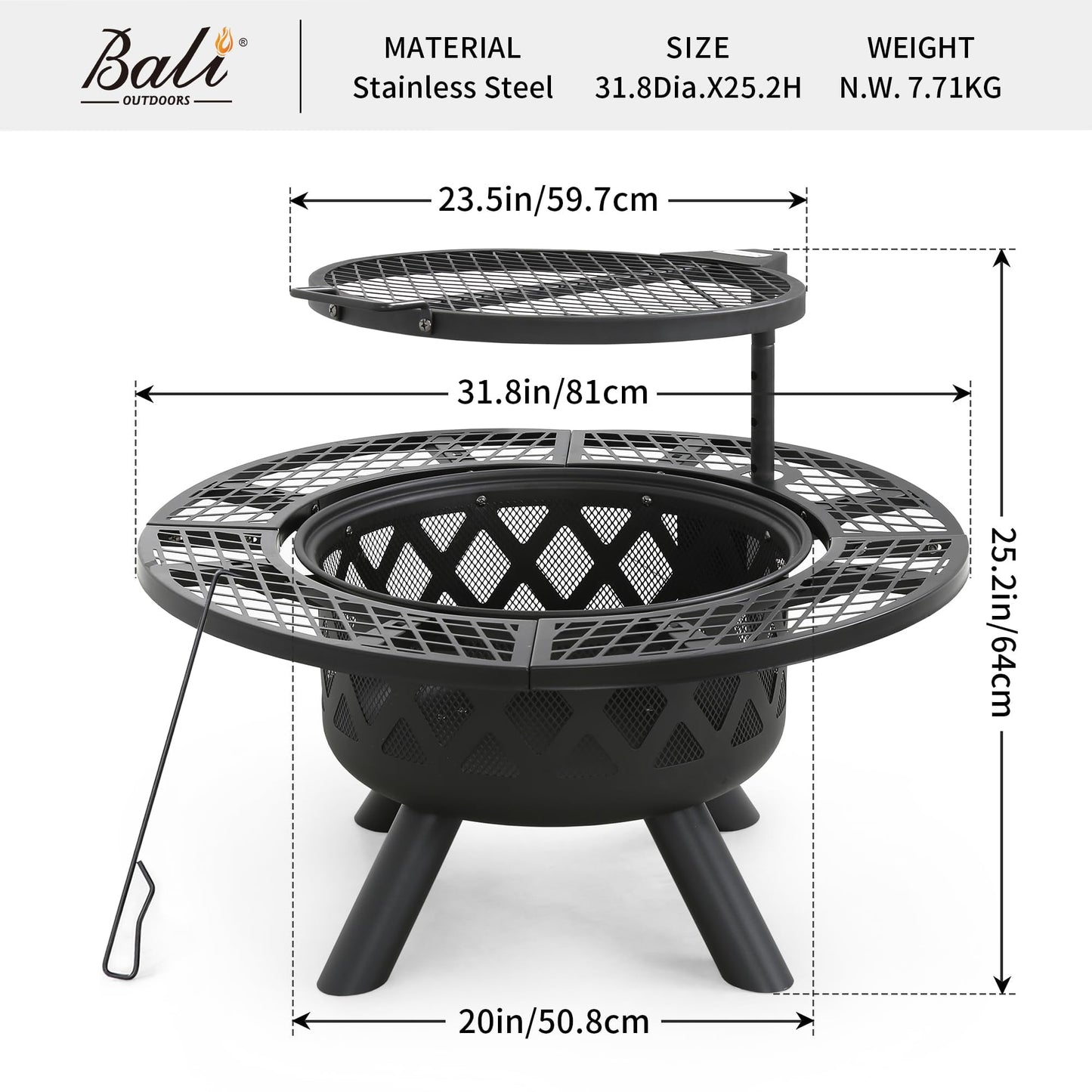 BALI OUTDOORS Fire Pits Outdoor Wood Burning Firepit Grill, 20 Inch Fire Bowl