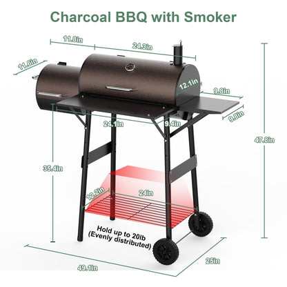 Firstness Charcoal Grill, Outdoor BBQ Grill Charcoal with Offset Smoker for Barbecue Pit Patio Backyard Camping Picnics, Black & Brown