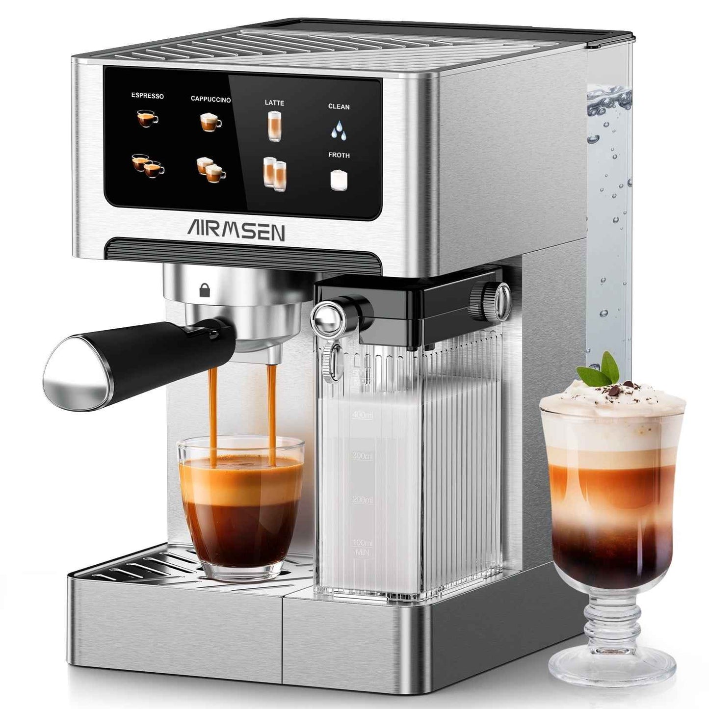 AIRMSEN Espresso Machine with Color Touchscreen, 20 Bar Cappuccino Latte Machines with Automatic Milk Frother, Dual Boiler Stainless Steel Espresso Maker for Home, 1350W
