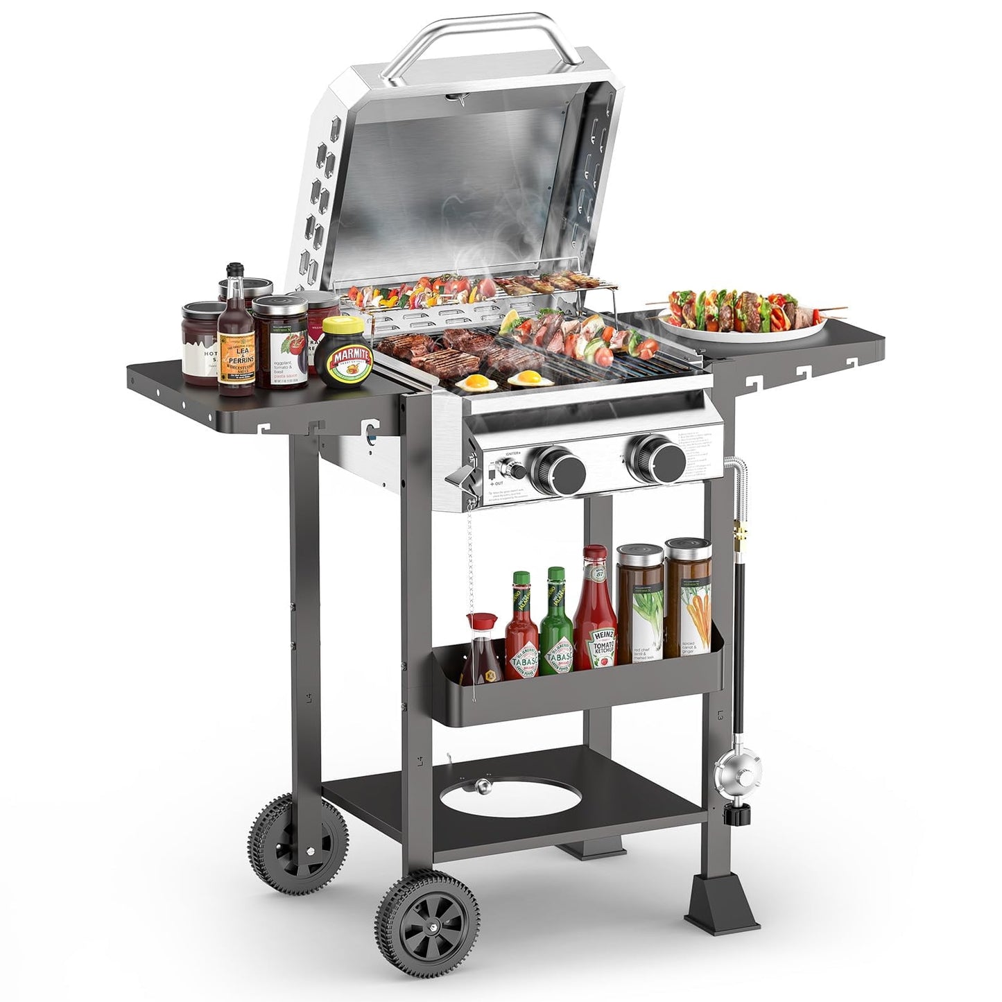 LHRIVER 2 Burner Gas Grill with Side Table, Portable Outdoor Barbecue Cooking BBQ, 16000BTU