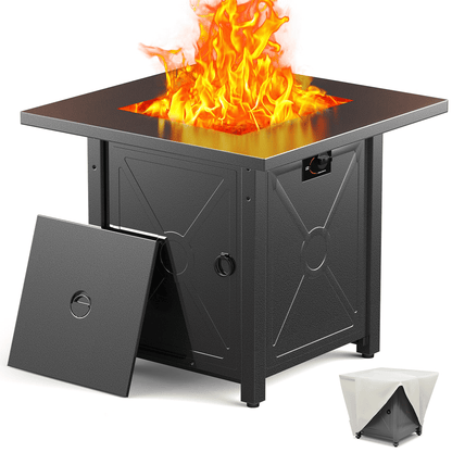 LHRIVER 28" Outdoor Propane Fire Pit Table, 40000 BTU  Steel Gas Fire Pit with Removable Lid, Lava Rocks & Rain Cover