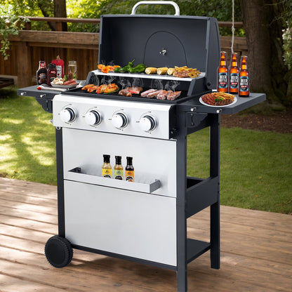 Seizeen 4 Burner Propane Gas Grill, Powerful 34,200BTU Outdoor BBQ Grill on Wheels, Stainless Steel Grill with Thermometer Foldable Table Storage Box, for RV Party Camping Patio