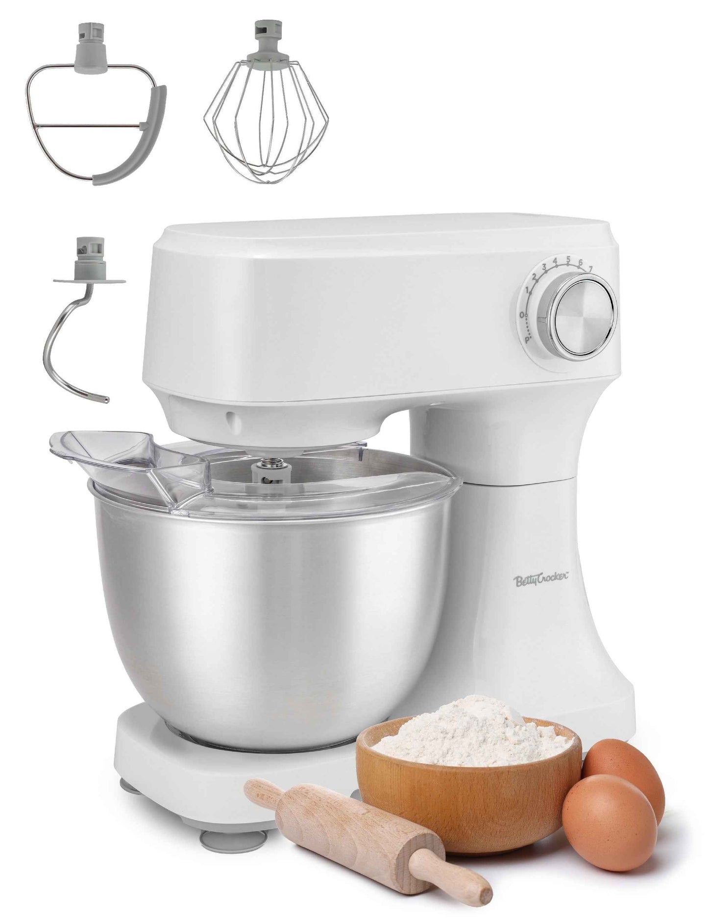 Betty Crocker Stand Mixer, 3.7-Qt Electric Mixer with 10 Speeds, Kitchen Mixer with Dough Hook, Whipping Whisk & Flat Beater with Scraper, Kitchen Appliances with Anti-Splash Cover & Stainless Steel M