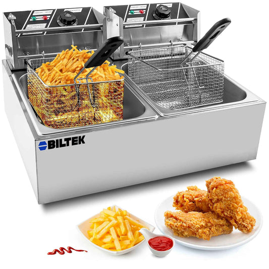 Biltek Double Deep Fryer with Baskets for Home Use and Small Business, Commercial Electric Deep Fryer, 2 x Large Removable Baskets, Outdoor Electric Fryer with Baskets Large, 110V 5000W, 20.7Qt/19.6L