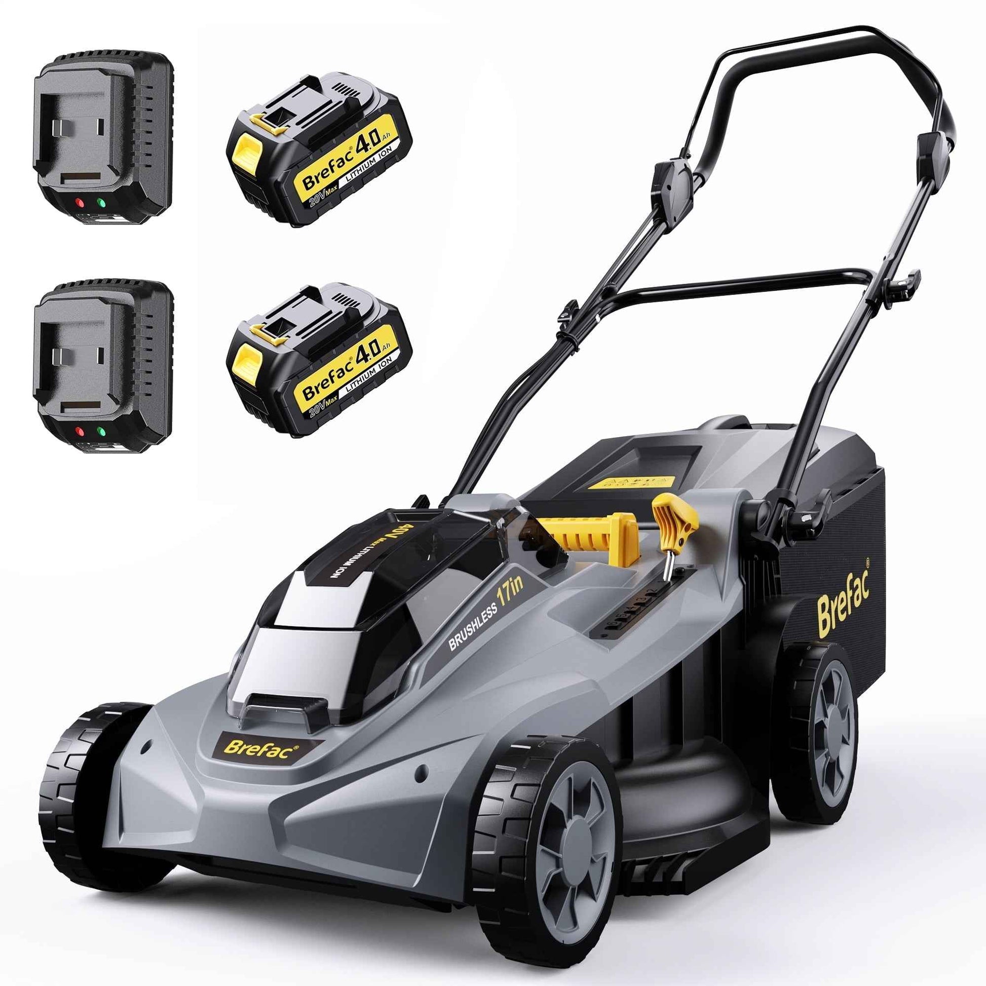 Brefac 40V (2 x 20V) 17'' Cordless Lawn Mower, Multi-Functional Grass Cutter with 4.0Ah Battery, 6 Adjustable Height Settings, Durable Manganese Steel Blades, Easy to Use for Medium to Large Lawn