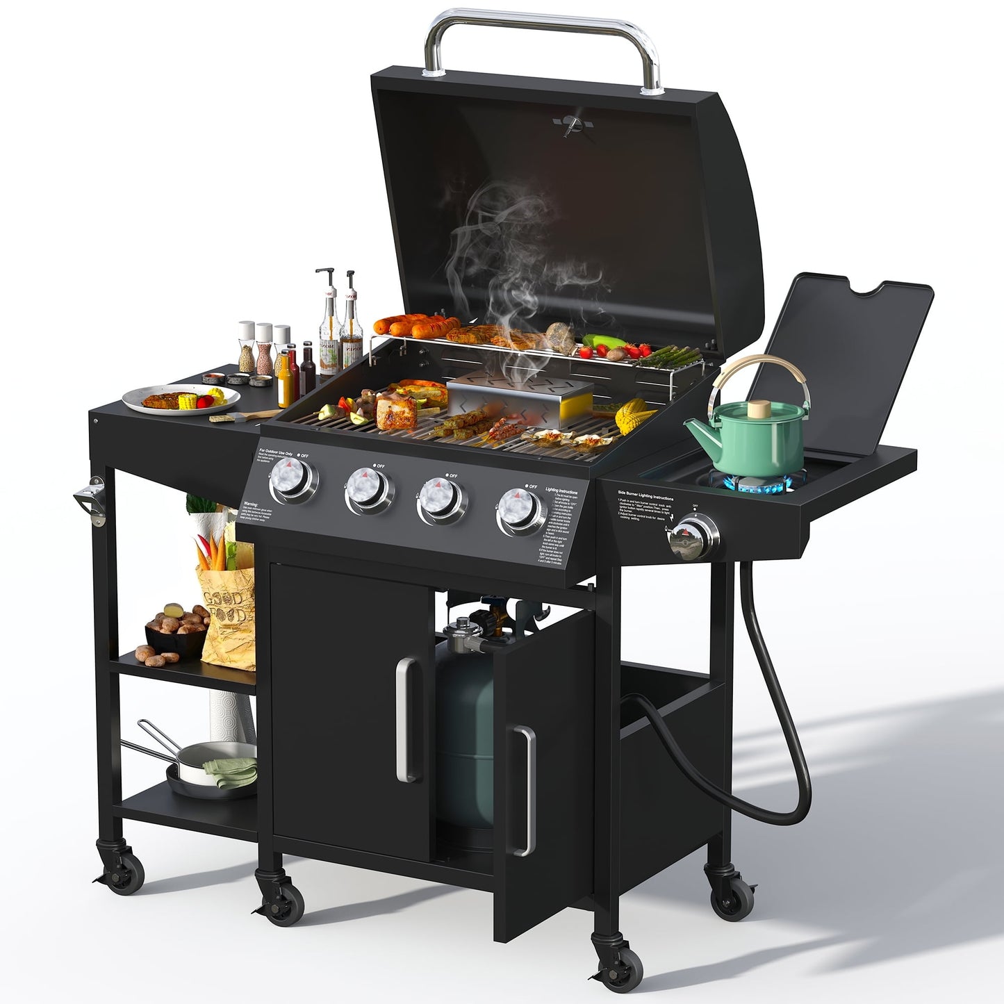 Brefac 4 Burner Propane Gas Grill with 3 Tier Shelf, 50000 BTU Outdoor Cooking Stainless Steel BBQ Grills Cabinet,Can be Placed Smoke Box，Black