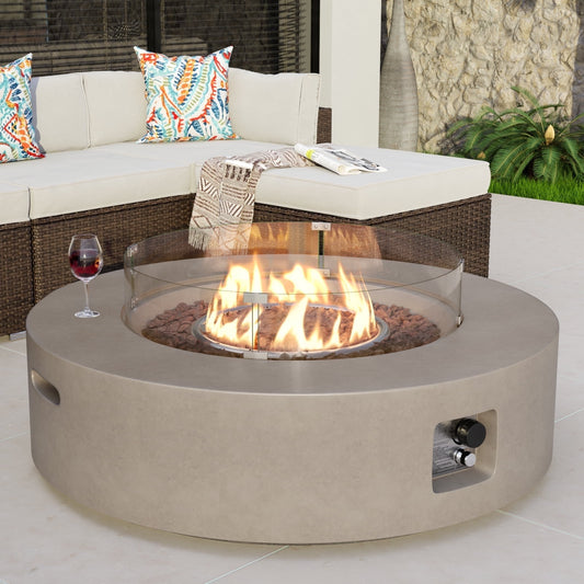 COSIEST Outdoor 40.5 inch Round Grey Propane Fire Pit Coffee Table w Wind Guard (Tank Outside)
