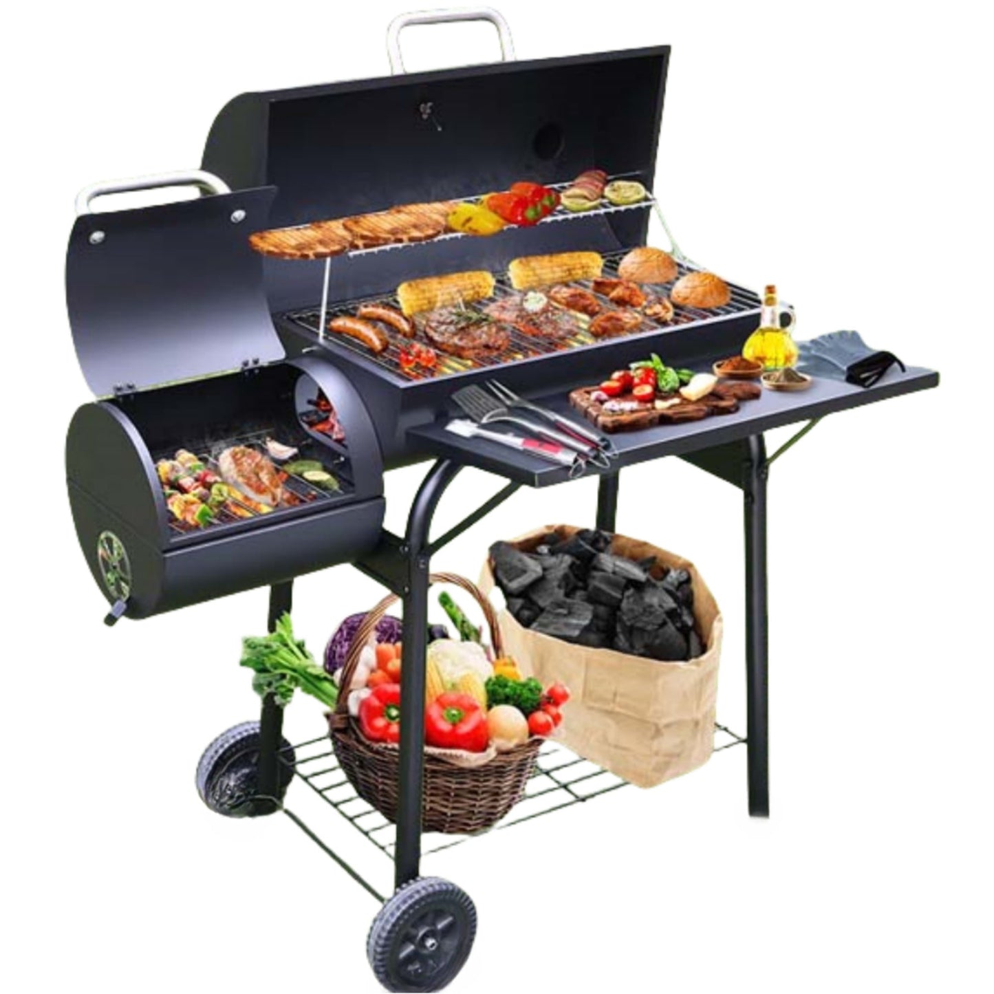 Charcoal Offset Smoker Grill - Family-Size 4-6 Person BBQ with Temperature Control & Portable Wheels