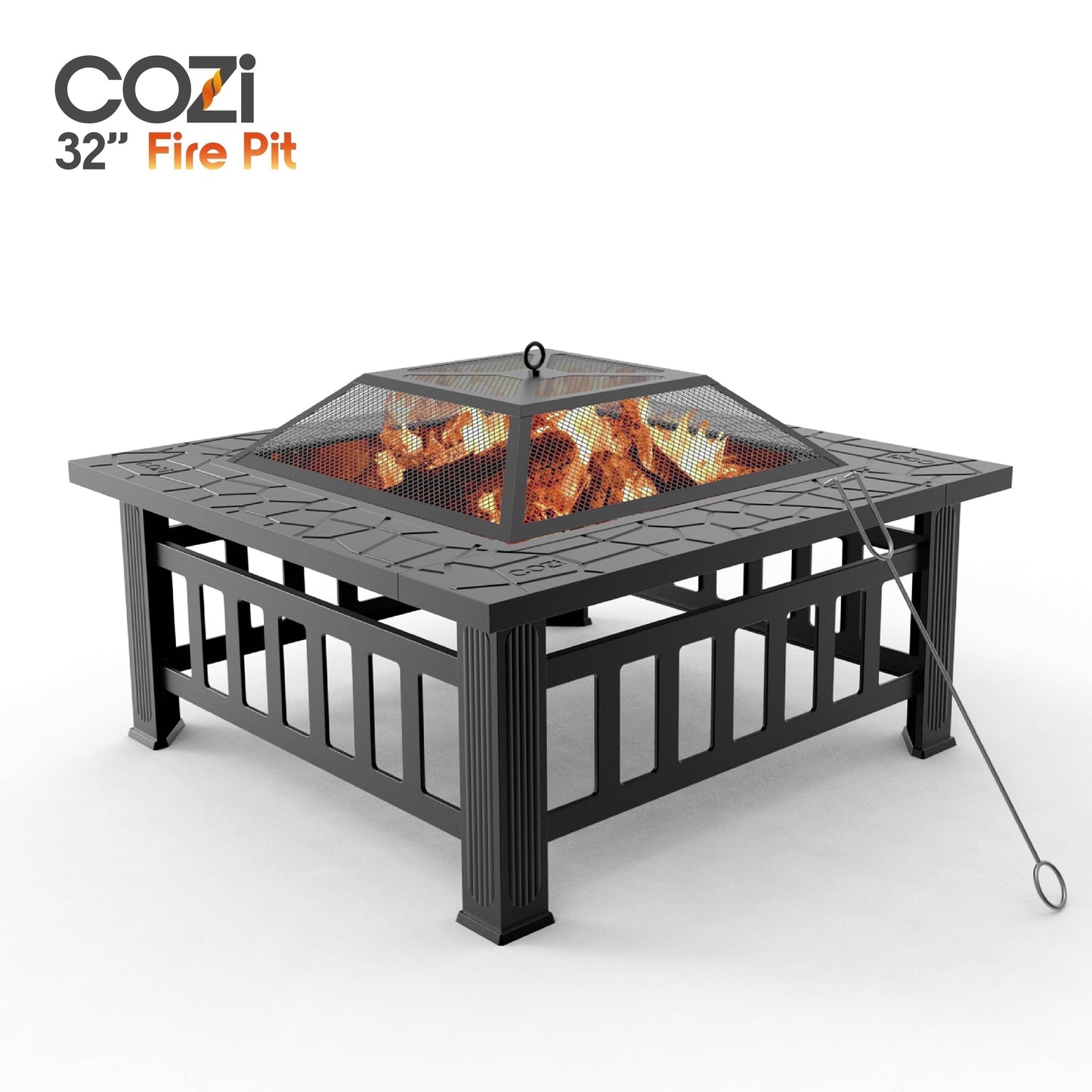 Cozi Outdoor Square Fire Pit Table with BBQ Grill for Camping and Outdoor Decor, 32”