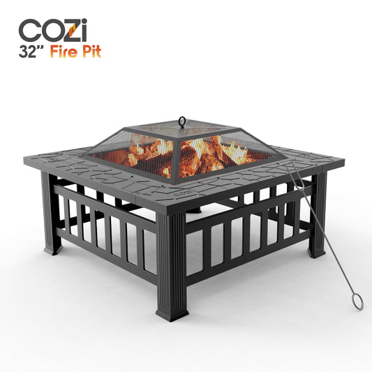 Cozi Outdoor Square Fire Pit Table with BBQ Grill for Camping and Outdoor Decor, 32”