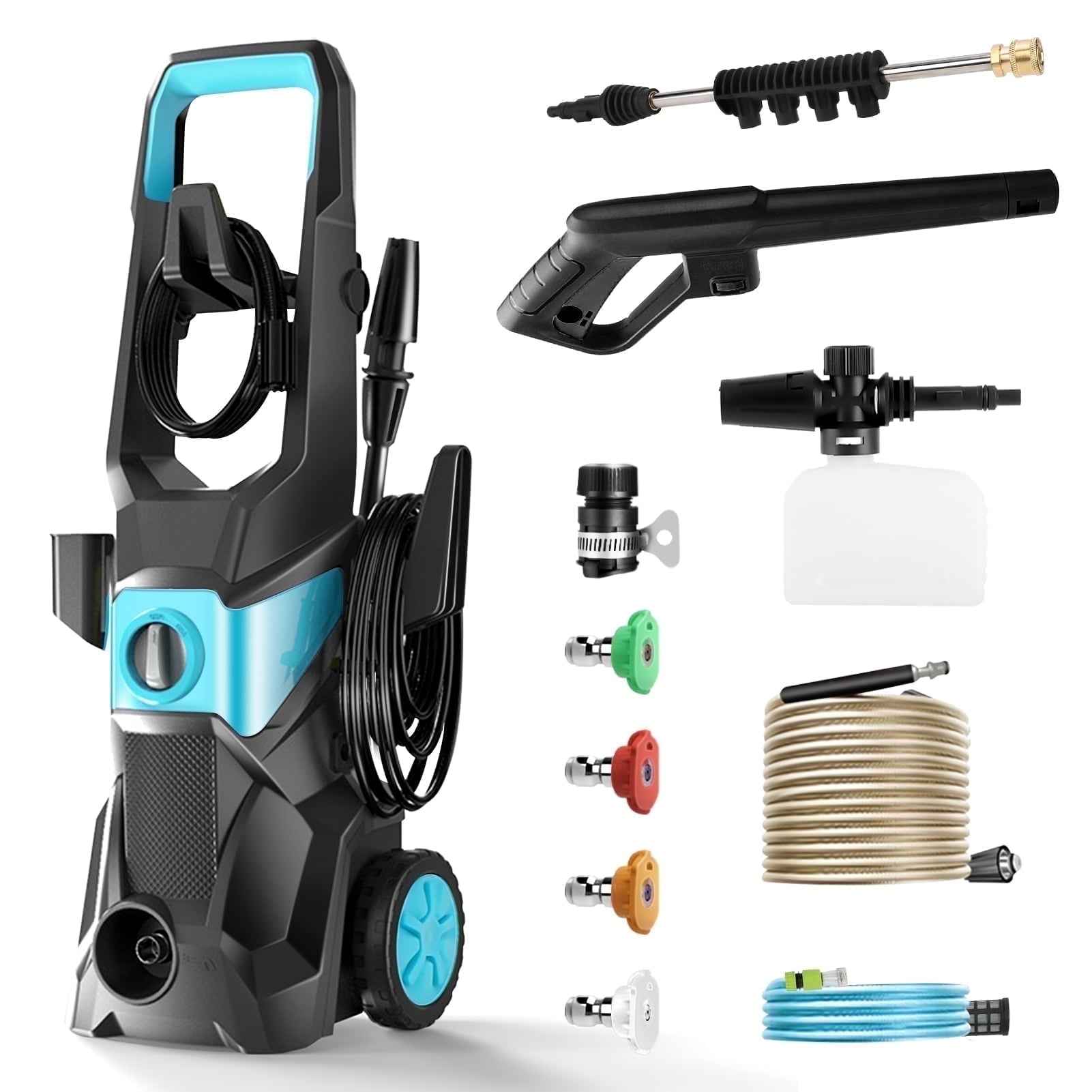 TEBRU Electric Pressure Washer, 3000PSI Max 2.4 GPM Power Washer with 32 ft Hose, 4 Quick Connect Nozzles, Foam Cannon, Suitable for Clean Cars, Patios, Driveways, Fences, Pool