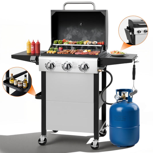 Enyopro 3 Burner Propane Gas Grill, 30,000BTU Stainless Steel Barbecue Grill with Foldable Side Table, Built-in Thermometer, Hanging Basket for Outdoor BBQ Camping Grill