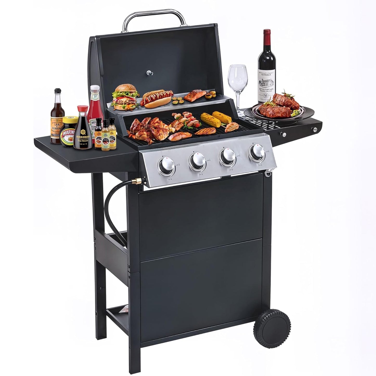 Furnibear 4 Burner BBQ Propane Gas Grill, Stainless Steel 34,000 BTU Patio Garden Barbecue Grill with Two Foldable Shelves