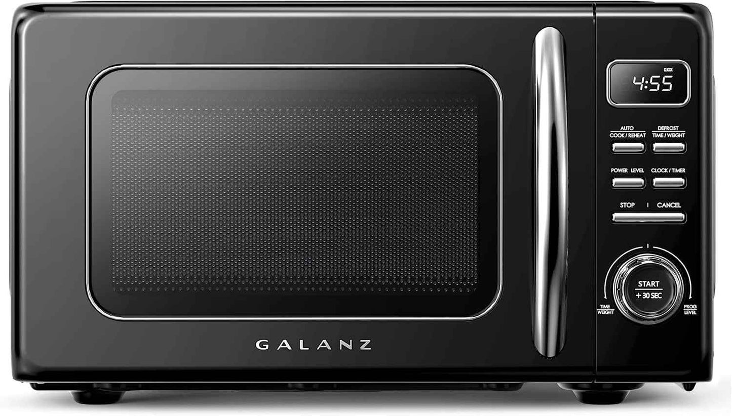Galanz Retro Countertop Microwave Oven with Auto Cook & Reheat, Defrost, Quick Start Functions, Easy Clean with Glass Turntable, Pull Handle, .9 cu ft, Black