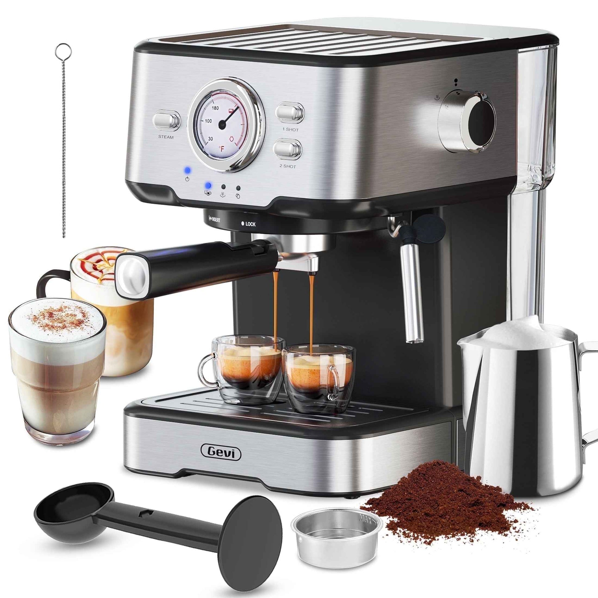 GEVI 20 Bar Stainless Steel Espresso Machine with Milk Frother Wand and Dual Temperature Control, GECME403L-U