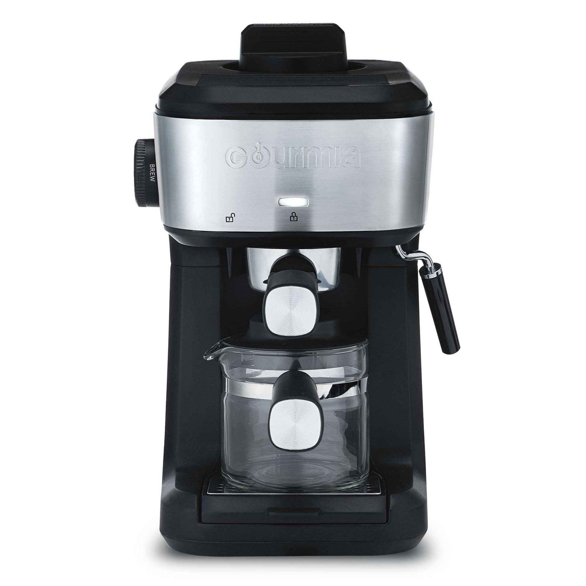 Gourmia 4-Shot Steam Espresso, Cappuccino, and Latte Maker with Frothing Wand, Black, New