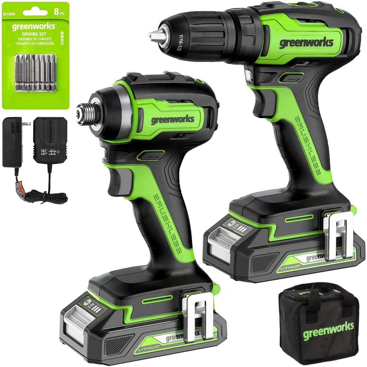 Greenworks 24V Brushless 1/2" Drill + 1/4" Impact Driver Combo Kit with (2) Batteries and Charger