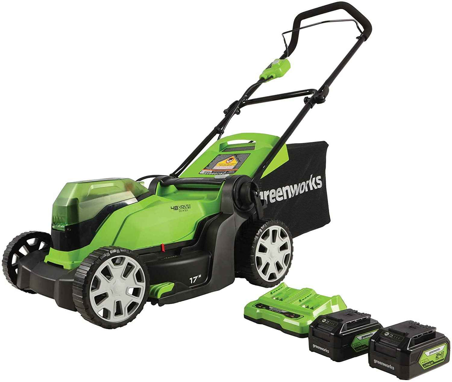 Greenworks 48V (2x24V) 17" Battery Push Mower + 2 x 24V 4Ah Batteries & Dual Port Charger 2526302