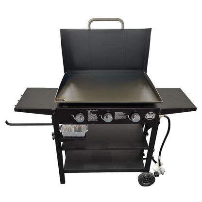 Griller's Choice Propane Gas Griddle with Hinged Hood, Wind Guards, Front Grease Management, 4 Shelves