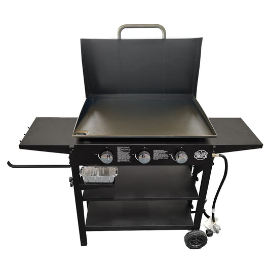 Griller's Choice Propane Gas Griddle with Hinged Hood, Wind Guards, Front Grease Management, 4 Shelves