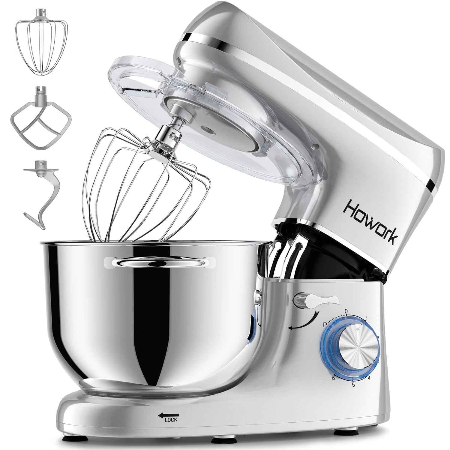 HOWORK 6.5-Qt Stand Mixer, Silver with Dough Hook, Beater, Whisk