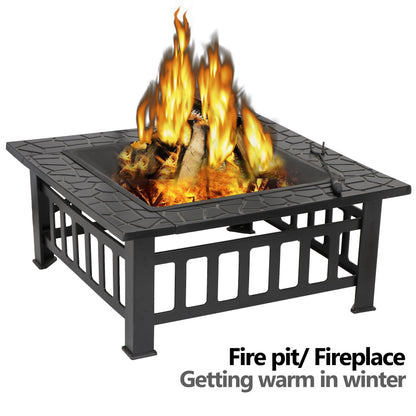HomGarden 32'' Portable Fire Pit Wood Burning Outdoor Fireplace W/BBQ Grill & Poker & Mesh Lid