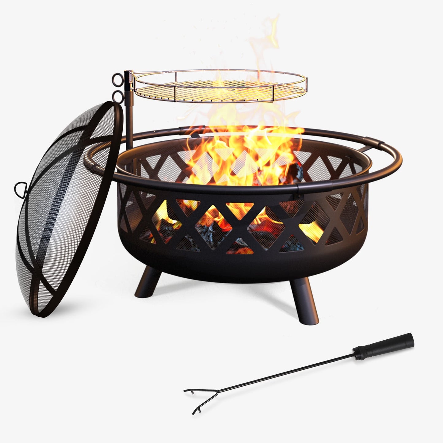 JolyDale 30 inch Outdoor Fire Pit with Cooking 2 in 1 Grate Wood Burning Firepit Steel Firepit Bowl with Swivel BBQ Grill, Poker for Backyard, Garden