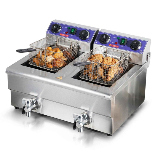 KFFKFF Industrial Dual Chamber Fryer, 3000W Electric Tabletop Cooking Unit with Basket, 2 x 11.6Qt/11L Twin Stainless Steel Oil Fryer with Oil Purification, Adjustable Time & Temperature