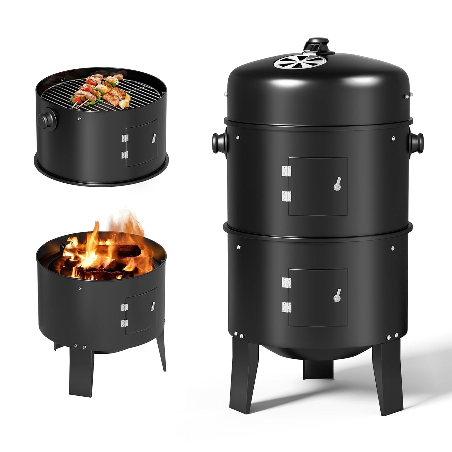 KingChii 3 in 1 Vertical Charcoal Smoker Grill BBQ Smoker for Outdoor, Patio Backyard Camping, Black
